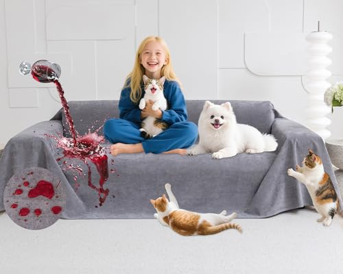 Loiion Kratzschutz Sofa Katze, Sofa Überzug Wasserdicht Grau, 380x180cm | Couch Schutz Katze, Wasserdichter Big Couch Überzug, Sofaüberwurf Couchschutz für Haustier Kinder Katzen Hunde