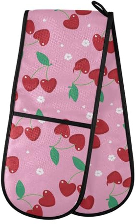 Gants de cuisine doubles en forme de cœur rouge cerise résistants à la chaleur pour barbecue, cuisson, grillades au micro-ondes