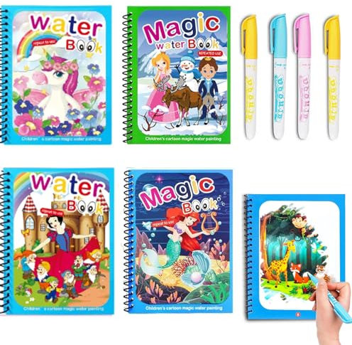 QXNDXQ Wassermalbuch 4 Stück,Wasser Zeichenbuch, Kinder Zaubermalbuch, Wiederverwendbares Magisches Malbücher mit 4 Wasserstift für Kinder ab 3 Junge Mädchen (2)