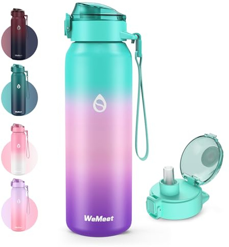 WEMEET 18/10 Edelstahl Trinkflasche Sport, Edelstahl Wasserflasche mit Abnehmbarem Strohhalm 700ml, BPA-frei, Auslaufsicher, Doppelwandig, für Outdoor, Sport, Schule, Gym(Grün Rosa Lila)