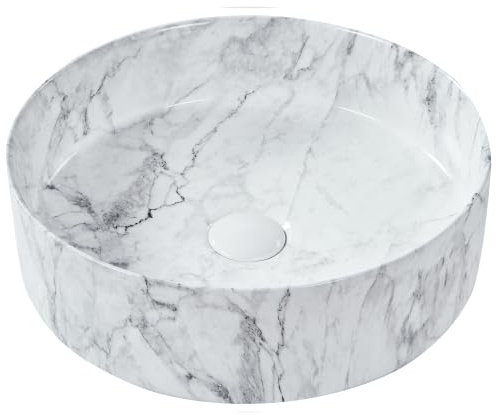 Lavabo en Céramique 40 cm Rond Salle de Bain Vasque Evier Effet Marbre Blanc Manis
