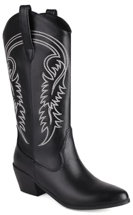 Artykey cowboy stövlar för kvinnor tjocka klackade västerländska stövlar cowgirl klassiskt mode broderad spetsig tå mitten av vaden stövlar, Svart, 36.5 EU