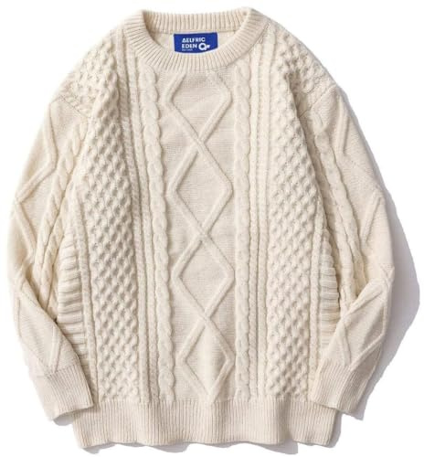 Aelfric Eden Pullover Damen Strickpullover Oversize Rundhals Zopfstrickpullover Knit Langarm Jumper Sweater Klassischer Elegant Vintage Pullover Apricot S