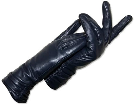Damen-Handschuhe aus echtem Leder, mehrfarbig, Schaffell, dicke Armstulpen, warmes Leder, Dunkelblau, Größe 40 - 46