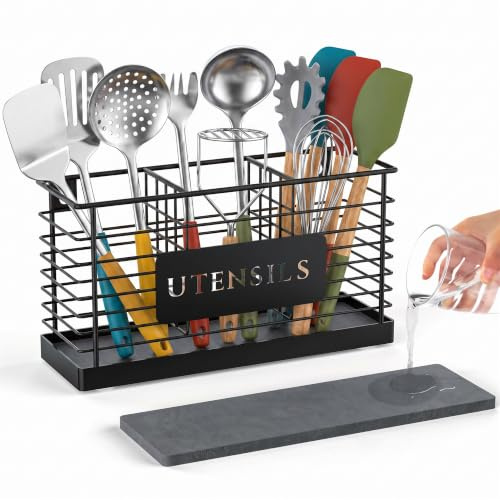 THYGIFTREE Utensil Holder for Kitchen Counter with Diatomaceous Earth Base, Large Black Metal Cooking Tool Organizer with 3 Compartments, Countertop Utensil Holder for Spatula and Kitchen Utensils