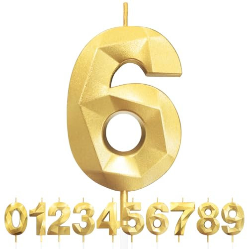6° Candele di compleanno, Compleanno Candele Torta Oro, Candela numero 6, 3D Candele con numeri da 5cm, Compleanno Torta Topper Decorazione per Feste di Compleanno Matrimonio Anniversario