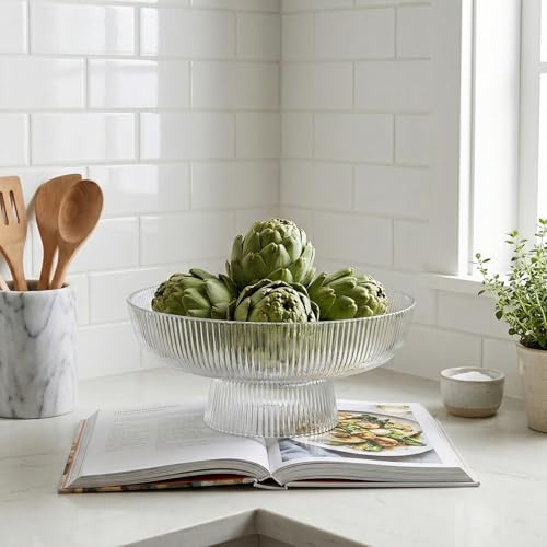 ZOOFOX Fruit Bowl for Kitchen Counter, Large Decorative Glass Bowl with Pedestal, Ribbed Pedestal Bowl for Fruit, Vegetable, Salad and Dessert, Key Bowl for Entry Table
