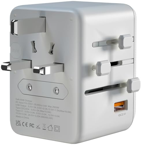 revolt Reisestecker: Universal-Reiseadapter & Notebook-Netzteil, 4x USB-C, 1x USB-A, 65W PD (Weltreiseadapter, Adapter USA, Malen)