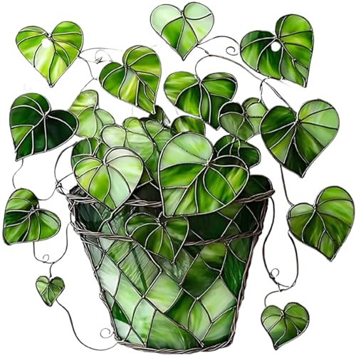 Muzrunq Buntglasfenster hängende grüne Pflanze Buntglas Sonnenfänger, 7,8 x 7,8 2D Acryl -Sonnenfänger mit Kette, hängende Glasscheibe für Balkon Fenster Wandgartendekor, Geschenk