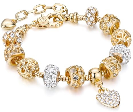 Leprato Gold Plated Heart Charm Bracelet Glass Crystal Beaded Bracelet Stunning Jewelry Gifts for Women