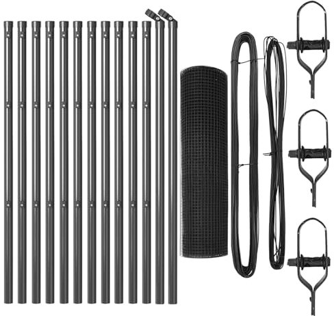 vidaXL Fence Post Set Made of Grey, Galvanised Steel with Mesh Roll, 25 x 0.5 m, Robust, Metal & UV-Resistant Design for Outdoor Use, Post Set, Garden, Farm Animals, Matt