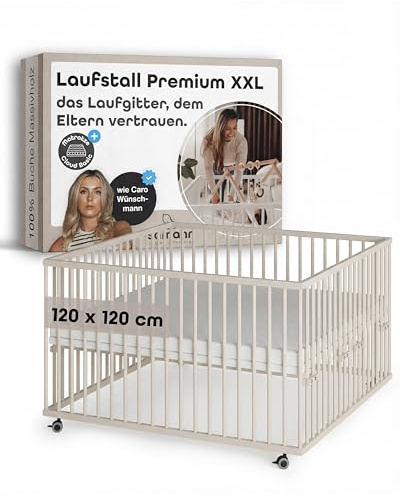 Sämann Baby Laufstall aus Holz I Baby Laufgitter 120x120 cm Sahara Dust I Inkl. Matratze I Robuster & höhenverstellbarer Laufstall XXL aus Buchenholz I Mit gummierten Rollen & TÜV geprüft