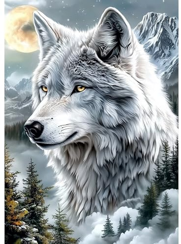 DAERLE Diamond Painting Erwachsene, Wolf, 5D DIY Diamant Painting Bilder Wolf mit Berg, Diamant Malerei Diamond Painting Runde Steine für Zuhause Dekor 30x40 cm
