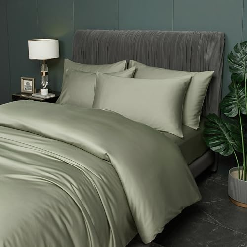 DXHOME Bettwäsche Bambus 155x220cm Salbeigrün Grün Uni 100% Natürlichem Bambus Sommerbettwäsche Luxus Lyocell Kühle Bettbezug-Set Doppelbett Bettbezug mit Reißverschluss und 2 Kissenbezüge 80x80cm