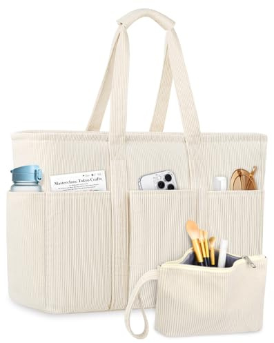 LUROON Cord Tasche Damen Groß Tote Bag Handtasche Damen mit Reißverschluss, Umhängetasche Strandtasche mit Mehrere Taschen, Elegant Shopper Tasche Handtasche für Arbeit Schule Reisen