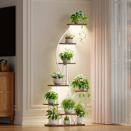Pflanzenregal mit Wachstumslicht - 8 Ebenen Großes Blumenständer 165cm Metall Holz Pflanzenständer - Innen & Außen Blumentreppe - Dekoratives Schwarz Eck-Blumenregal für Indoor Garten Balkon Weiß