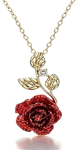 Rose Necklace for Women Red Gold Cute Dainty Gift for Wife Girlfriend, L, Metal, No Gemstone