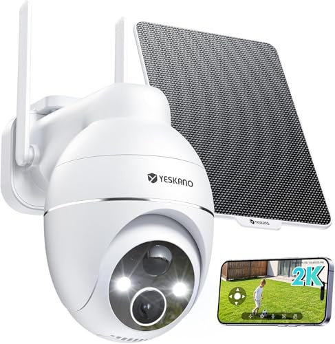 YESKANO 2K Überwachungskamera Aussen Akku Solar, Kabellos 2,4GHz WLAN Outdoor Kamera, 360° PTZ Kamera Überwachung Aussen, Farbnachtsicht, PIR-Erkennung, Zwei-Wege-Audio IP66 (weiß)