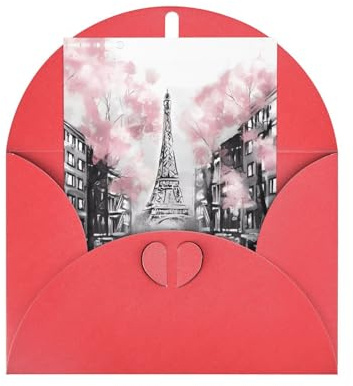 Rote elegante Grußkarte mit passendem Umschlag - Paris Straße Eiffelturm Rosa Blumendruck Blanko Gesegnet für Geburtstag, Valentinstag, Hochzeit
