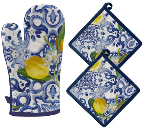 Set Presine da Cucina e Guanto da Forno in Cotone, Guanti da Cucina più 2 Presine con Fantasia Decorativa, Guanto forno 32x18 cm, Presina 20x20 cm