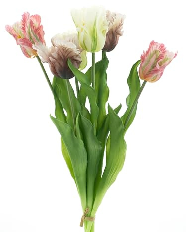 mucplants Künstliches Tulpenbündel Parrot 52cm, Real-Touch Tulpenstrauß mit 6 Tulpen, Ostern Dekoration (Pink-Combo)