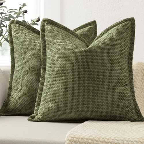 ZWJD Juego de 2 Funda Cojin 40x40CM con Borde Decorativos, Fundas Cojines Verde Oliva de Chenilla, Cojines para Sofa, Cama y Salón, Decoración del Hogar, Fundas de Cojín de Estilo Lujoso