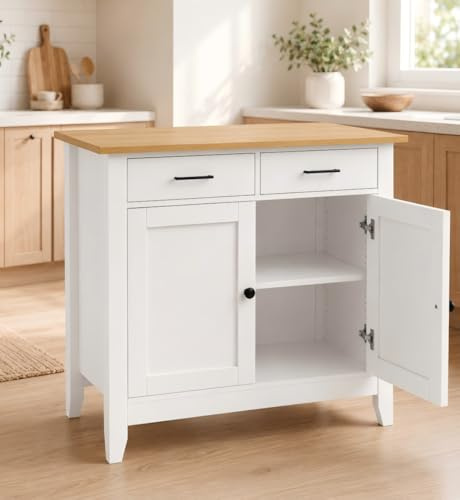 Amveya Mueble Auxiliar de Cocina Blanco con 2 Cajones y 2 Puertas 91 x 40 x 82 cm Aparador de Cocina Mueble de Almacenaje Armario de Cocina Aparador Auxiliar para Cocina Comedor y Salón