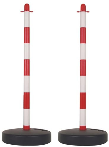 Perel PVC Absperrpfosten Set, 2 Stück, rot weiß, 90 cm hoch, befüllbarer Fuß mit Sand oder Wasser, verbindbar, Pfosten mit Kette oder Band, für Veranstaltungen, Parkplätze, Gastronomie,