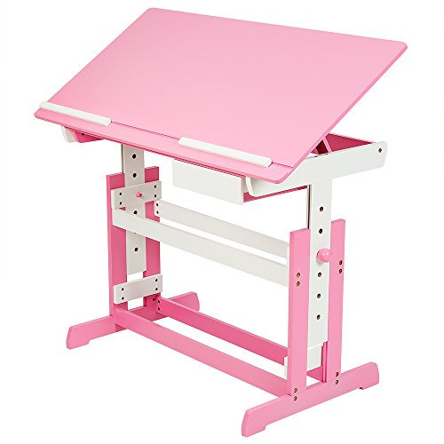 tectake® Kinderschreibtisch, Schreibtisch höhenverstellbar, Kindertisch mit Stauraum Schublade, Tischplatte neigbar, höhenverstellbarer Tisch, Arbeitszimmer für Kinder, Jugendzimmer - pink