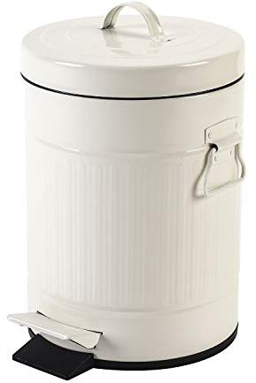 Bathroom Bin with Lid, Small White Wastebasket For Home Bedroom With Lid, Round, Soft Close, Retro Vintage Garbage Metal Bin For Office, 5 Liter / 1.3 Gallon, Cream White
