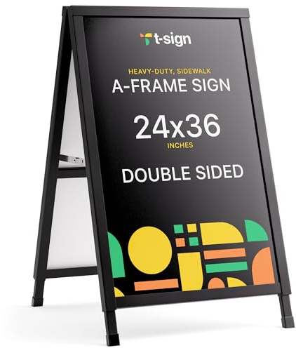 T-SIGN Outdoor A-Frame Sidewalk Sign 24x36 Inch Sandwich Board, Black Coated Steel Metal Double-Sided, Heavy Duty Slide-in Folding Frame Sign Holder, 2 Corrugated Plastic Poster Boards, Display Stand