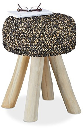 Relaxdays Teakholz Hocker, 120 kg belastbarer Sitzhocker, runder Polsterhocker HxBxT: 48 x 38 x 38 cm, schwarz-beige