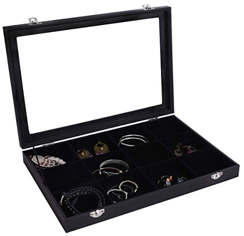 AUTOARK Caja de joyería con tapa transparente de terciopelo con 12 rejillas, organizador de exhibición, negro, AJ-082