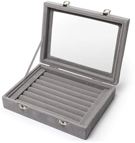 igadgitz home U6997 - Velvet Lined Ring Box Ring Tray Ring Organiser Ring Storage Box Ring Display Case Jewellery Box - Rings, Ear Rings, Cufflinks - Grey - Medium
