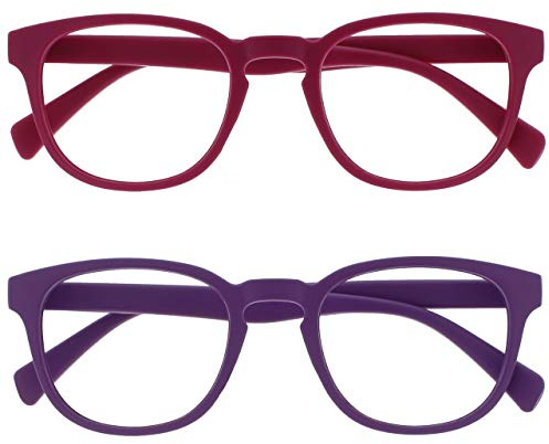 OPULIZE Pop Gafas de Lectura Pack de 2 Redondas Rosa Fucsia y Violeta Mate Satinado Bisagras con Muelle Resistentes a los Arañazos Hombre Mujer RR2-45 +1.00