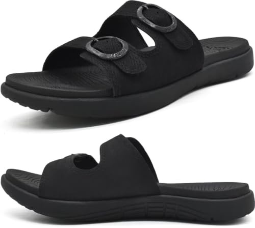 COFACE Womens Orthotic Slides Comfort Plantar Fasciitis Arch Support Slip on Flat Sandals Ladies Soft Cushion Fashion Yoga Mat Sliders With Adjustable Straps