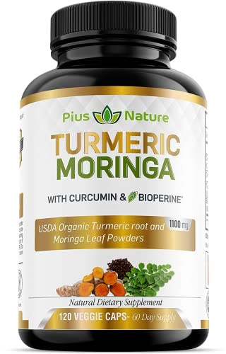 PIUS NATURE Turmeric Moringa - Organic Turmeric Curcumin Supplements and Organic Moringa Powder - 120 Veggie Capsules Supplement for Women and Men