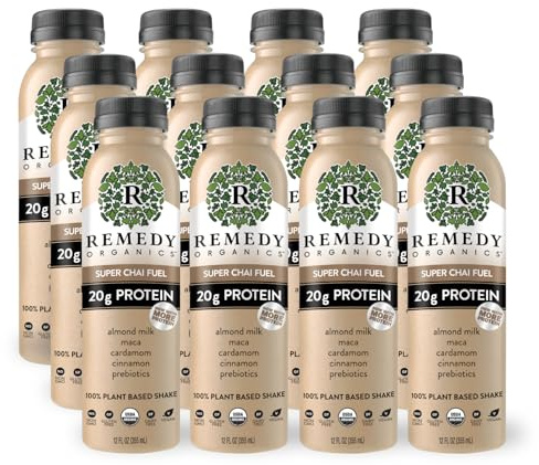 Remedy Organics Super Chai Fuel 12-Pack | Plant Based 20g Protein Shakes, Ready to Drink | USDA Organic, Gluten Free, Dairy Free, Soy Free