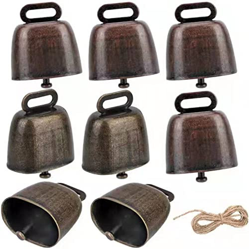 8 Stück Vintage Mini Kuhglocke Ziegenglocke, Bauernhoftiere Schaf Kuh Pferd Haustier Halsband Metall Hängend Dekoration, Tierglocke Anti-Lost Bells DIY Glocken, Mit 3 Meter Seil zum Dekorieren