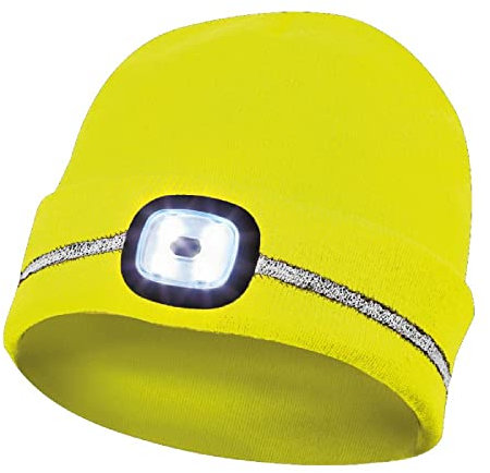 Gebol LED-Haube - Polyacryl, Mütze mit Licht & Reflektor, Winter-Kopfschutz, USB-Aufladbar mit 4 Leuchtstärken & Reflexionsstreifen, Gelb