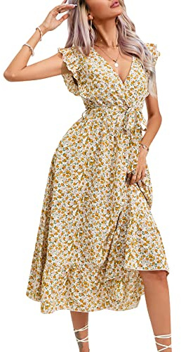 KOJOOIN Damsommarklänning, kortärmad, maxiklänning, lång omlottklänning, volangklänning, volangklänning, strandklänning, V-ringad, elegant blommig klänning med bälte (återanvändbar förpackning), A-blommor-gul, S