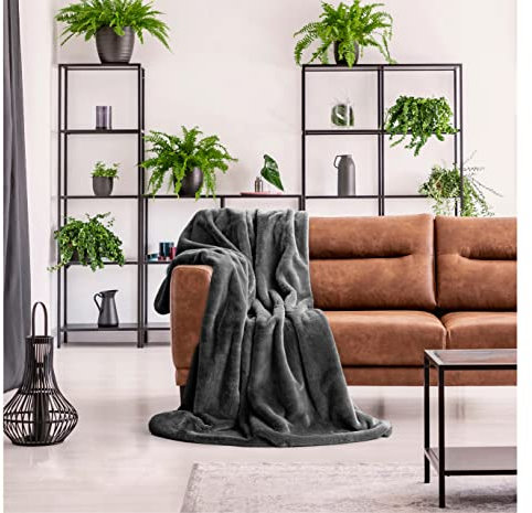 bonsport Kuscheldecke Felloptik 150x200 cm - Hochwertige Kunstfelldecke - Felldecke Fellimitat Decke aus Kunstfell, Modell Polarfuchs, anthrazit