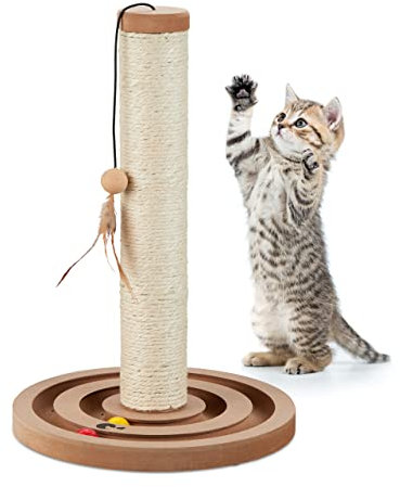 Relaxdays Kratzsäule für Katzen, HxD 45 x 30 cm, Kratzstamm interaktiv, Sisalstamm & Spielzeug, Kratzbaum Wohnung, braun