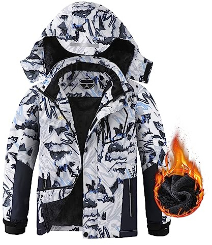 AFILOK Boy's Ski Jacket Waterproof Breathable Kids Fleece Lined Windproof Hooded Snowboard Coats (White Snow Mountain, 8-9)