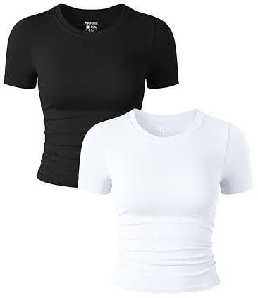 OQQ 2 Piece Women Shirts Summer Fashion Ribbed Slim Fit Crew Neck Short-Sleeve Shirts for Women Black White