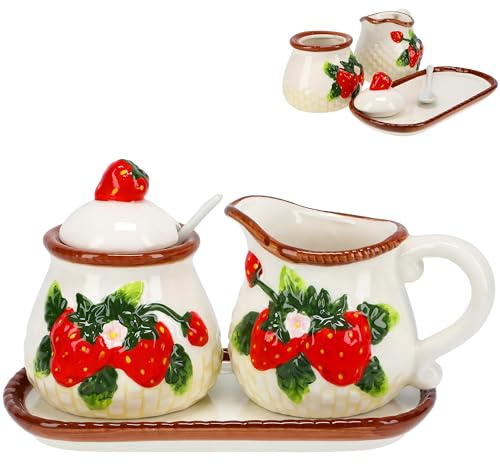 alles-meine.de GmbH Geschirr - Erdbeere - Artikel frei wählbar - 5 TLG. Set - Zuckerdose & Milchkännchen - mit Tablett - 3D Effekt - Porzellan Keramik - Kaffeedose mit Deckel - L..