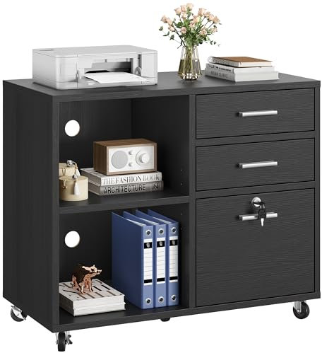 YITAHOME Mobiler Aktenschrank mit 3 Schubladen, Rollbarer Aktenschrank für Home Office, Holzaufbewahrungsschrank für A4, Dokumente in Briefgröße, Druckertisch mit offenen Fächern, Schloss und Rollen