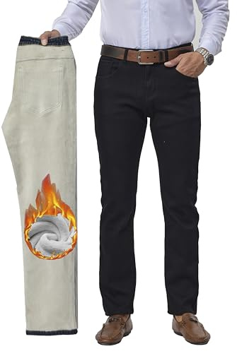 Fakanhui Men's Fleece Lined Jeans Winter Thermal Flannel Lined Jean Business Casual Dress Work Denim Jean