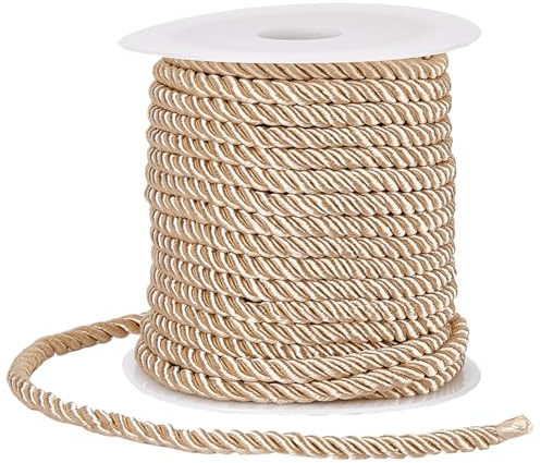 SOFPLATE Cordón Trenzado de 20 m/21.87 Yardas Cuerda Trenzada de 5mm Color Beige de Poliéster Decorativo de 3 Capas de Seda para Decoración del Hogar Manualidades Bolsos Tapicería Y Cortinas