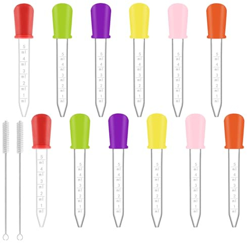 12unid Pipetas de Silicona,Plástico Pipetas Cuentagotas,5ml Goteros Líquidos,Bureta de Silicona Graduada Multicolor con 2 Cepillos Limpiadores,para Moldes de Caramelos,Plantas,Mascotas